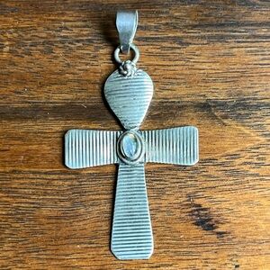 Handcrafted sterling silver cross w/ a dainty flower as a crown & a labradorite